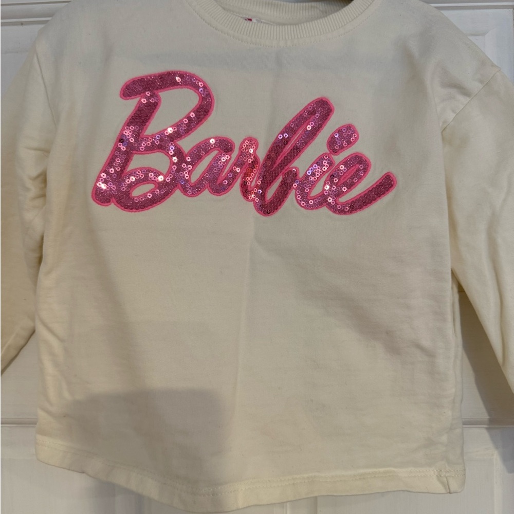 NWOT Zara Cream Sweatshirt with Pink Sequin Barbie Logo
